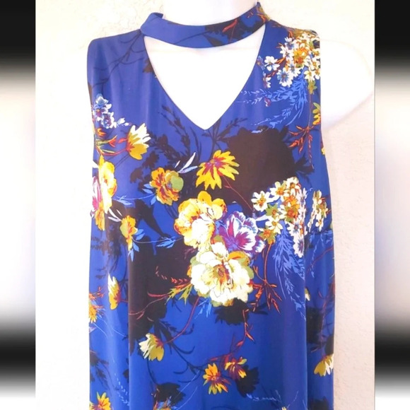 💚5/$25 Perceptions Blue Floral Choker Neck Midi Shift Dress Size 6 - Picture 2 of 5